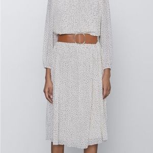 New Zara Pleated Polka Dot Ivory Brown Belted Dress Midi M